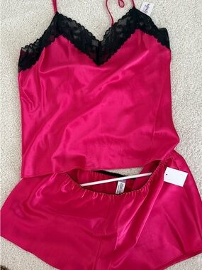 Hot Pink Satin Lace Trim Camisole & Short Set